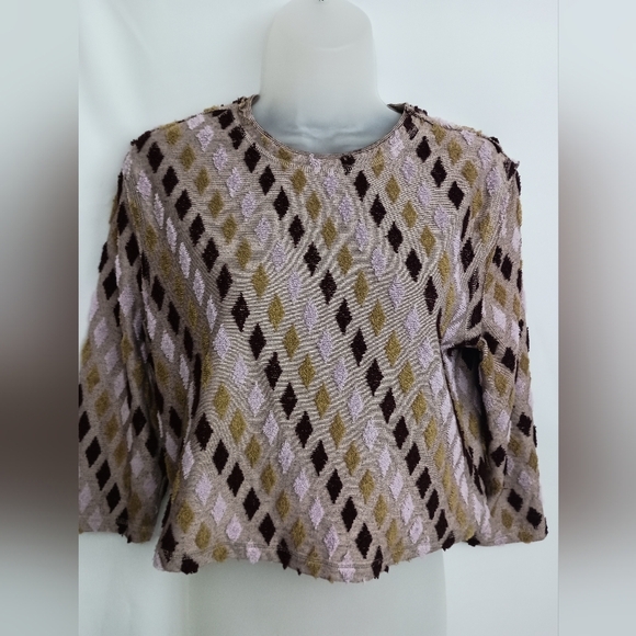 FREE PEOPLE Brown and Cream Boxy Cropped Blouse with 3/4 Sleeves (#1,517) - Picture 1 of 7
